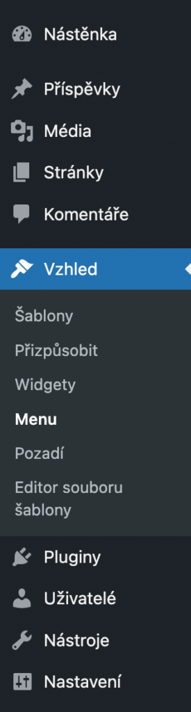 Levý postranní panel - administrace WordPress - menu